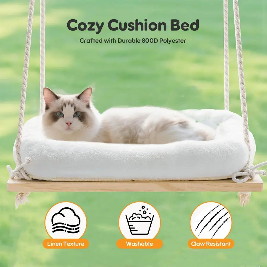 Window Perch, Rustic Cat Hammock Bed with Solid Wood Seat 4 Heavy Duty Suction Cups, Plush Cushion, Indoor Pet Window Hammock fo
