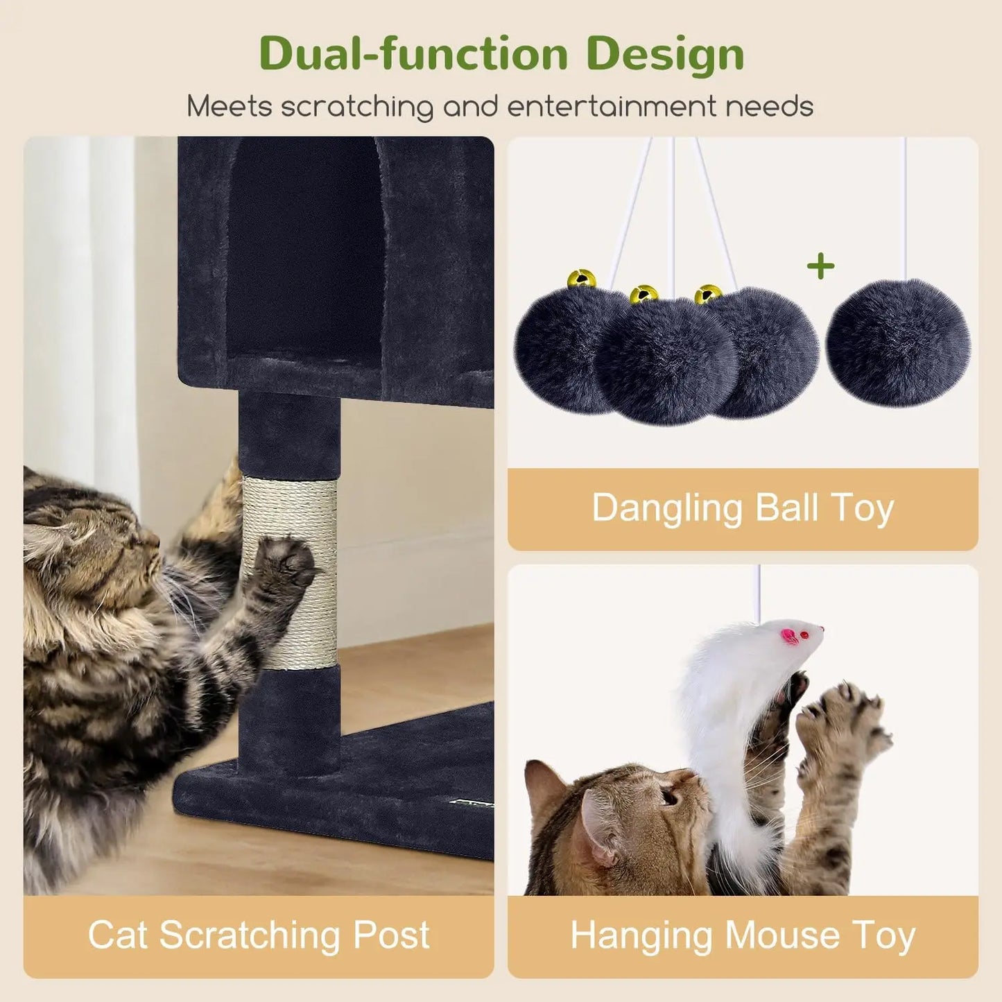 82-Inch Tall Cat Tree Tower for Multiple Adult Cats with Scratching Posts, Perches, Condos and Hanging Baskets, Dark Grey