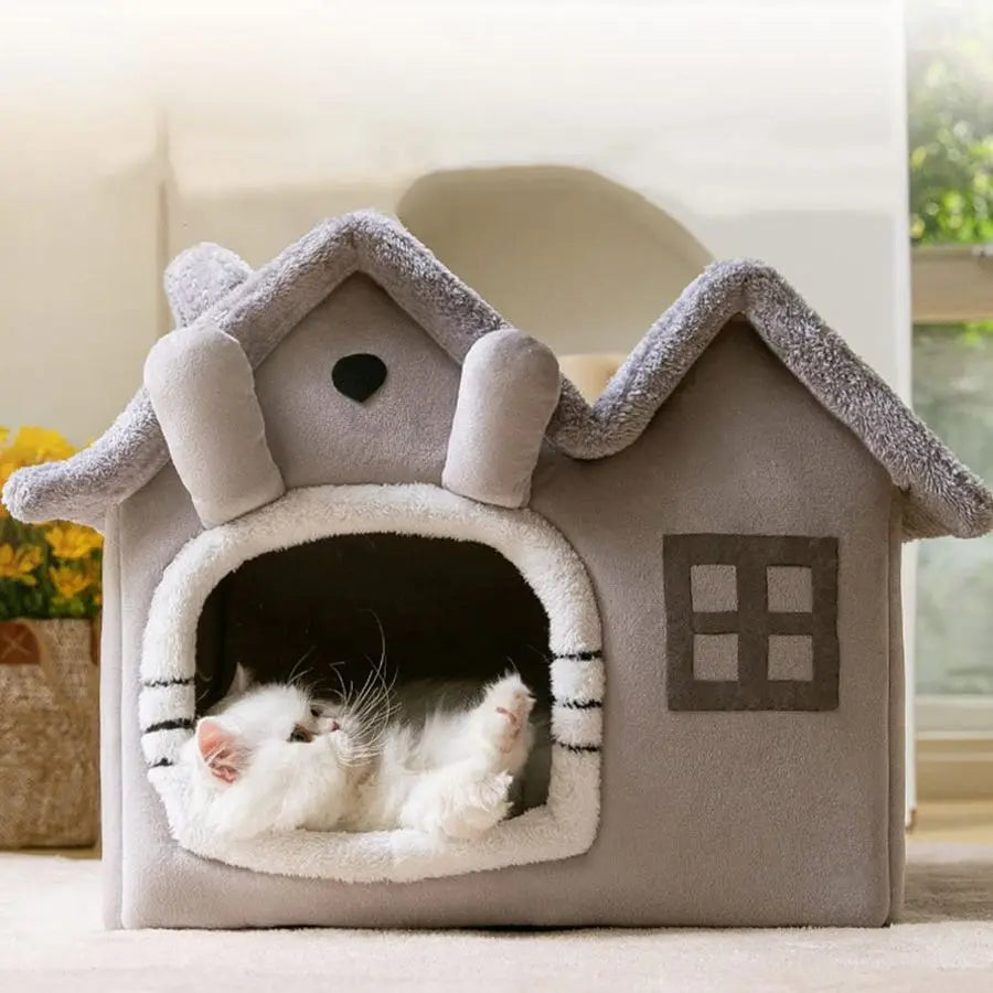 Double Roof Indoor Dog House Cat Nest,Foldable Warm Soft Kennel,30D High Elastic Memory Sponge,Removable Cushion and NonSlip Bot