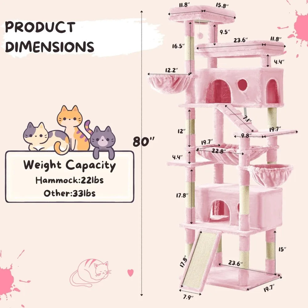 Cat Tree,80-Inch Large Cat Tower with 9 Scratching Posts, 2 Perches Stairs,Extra Large Hammock, Pompoms, M
