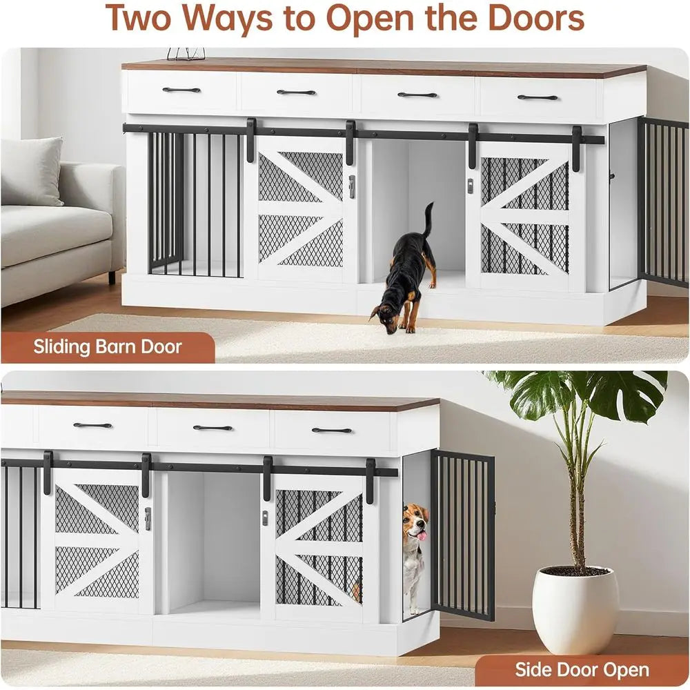 71 Heavy-Duty Indoor Wooden Dog Crate for 1-2 Dogs, Removable Divider & Storage Drawers - Multifunctional Pet Furniture, TV Stan