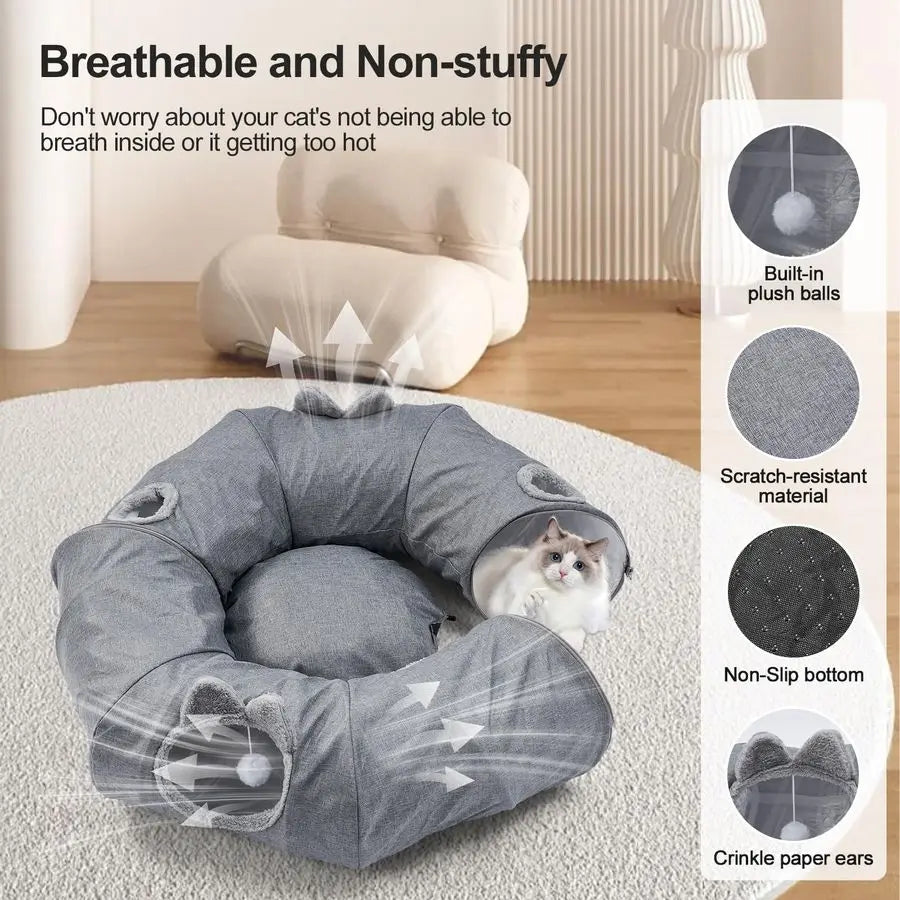 Linen Cat Tunnels for Indoor Cats with Central Cat Bed, Interactive Cat Toys Detachable Soft Mat and Variety Kitty Toy Set Grey