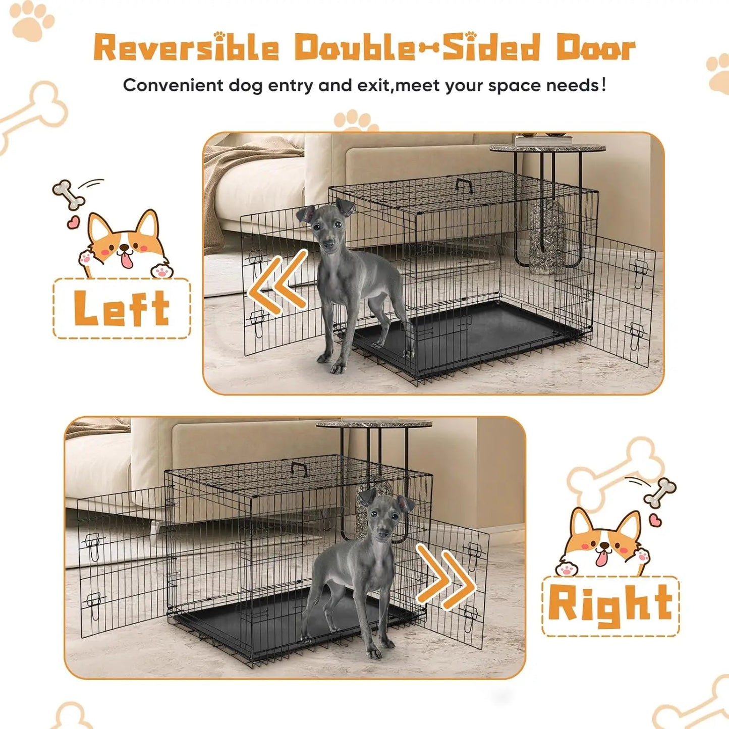 42 Inch Large Double Door Dog Cage with Leak-Proof Tray, Folding Metal Wire Pet Kennel for Indoor Outdoor Travel