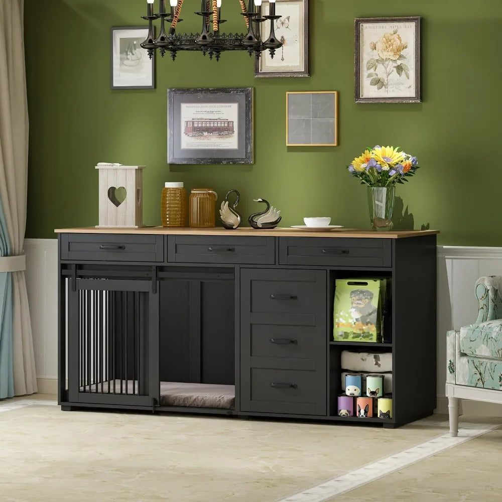 dog crate funiture with storage, 72.4" wooden heavy duty dog kennel table furniture with drawers & shelves, indoor dog house tv