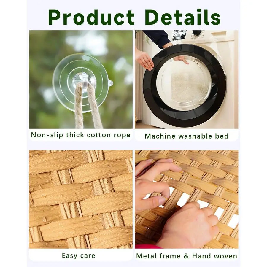 Window Perch Cat Window Hammock Bed for Indoor Cats, Large Handwoven PE Rattan Window Seat, 4 Suction Cups, Double Sided Washabl