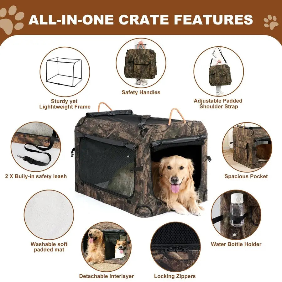 27.5 Inch Collapsible Dog Crate, Portable SoftSided Dog Travel Carrier Camouflage Style Pet Kennel 4Door with Durable Mesh Windo