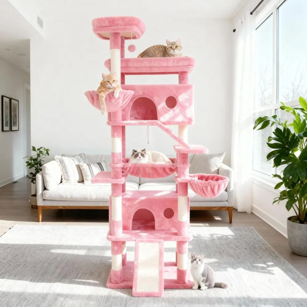 Cat Tree,80-Inch Large Cat Tower with 9 Scratching Posts, 2 Perches Stairs,Extra Large Hammock, Pompoms, M
