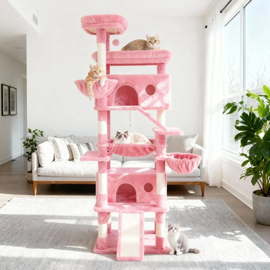 Cat Tree,80-Inch Large Cat Tower with 9 Scratching Posts, 2 Perches Stairs,Extra Large Hammock, Pompoms, M