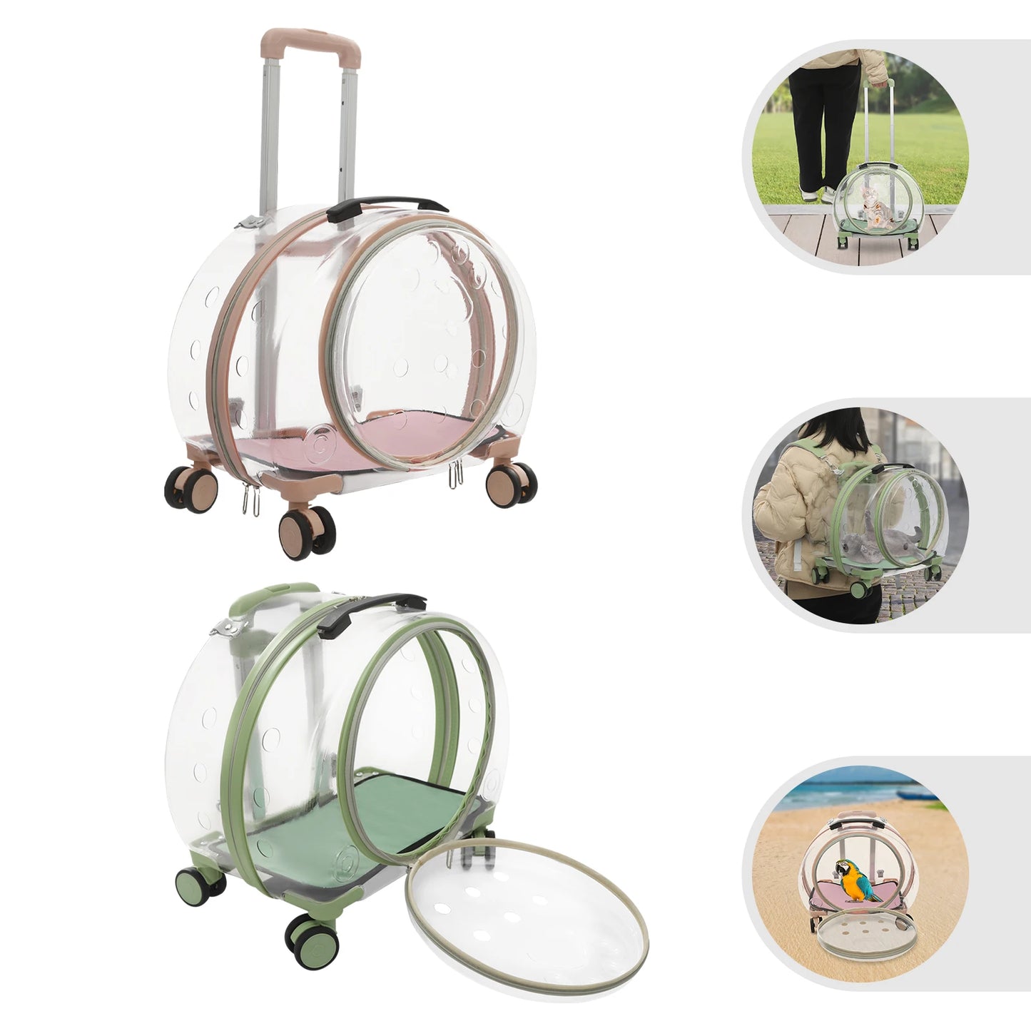 Pink/Green Breathable Cat Carrier,PC Cat Carrier with 4 Rolling Wheels 40*27*45cm for Cats Weighing Within 9kg