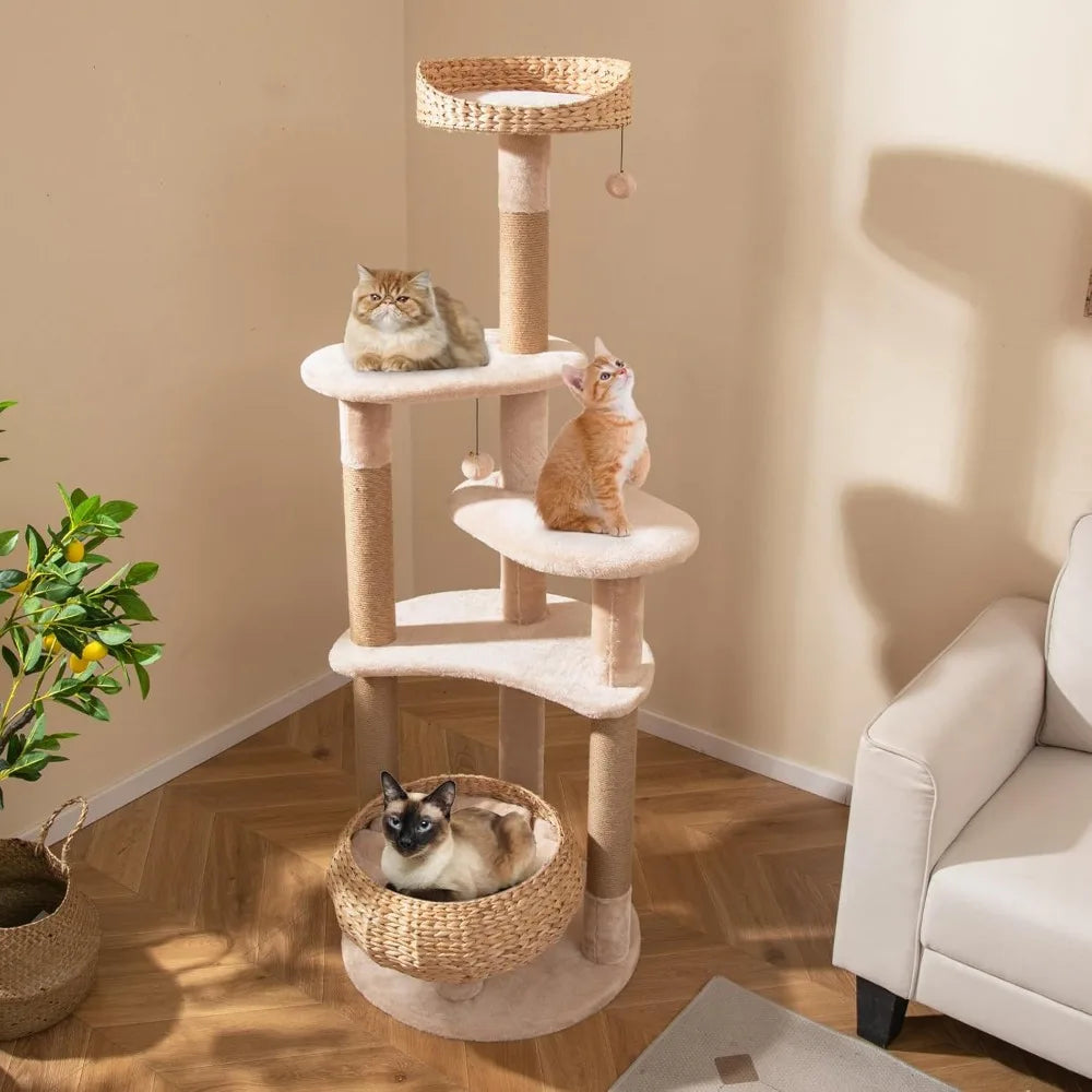 Modern Cat Tree, 65 Inch Tall Cat Tower with Jute Scratching Posts, Dangling Balls, Cattail Basket Bed & Top Perch