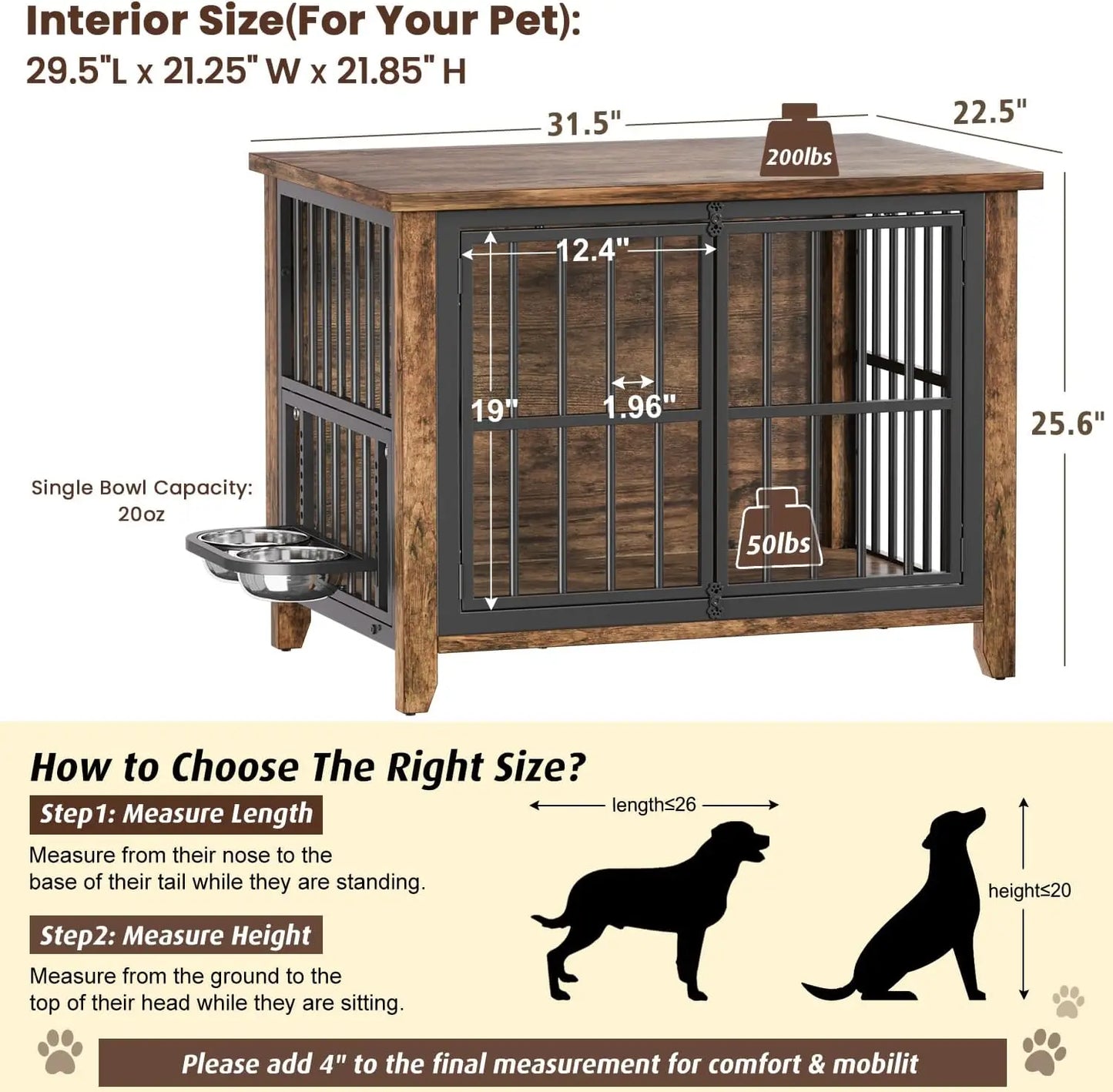 Dog Crate Furniture, 31.5" Wooden Dog Kennel Indoor with 360° Rotating & Adjustable Height Feeder 2 Bowls, Heavy Duty Side