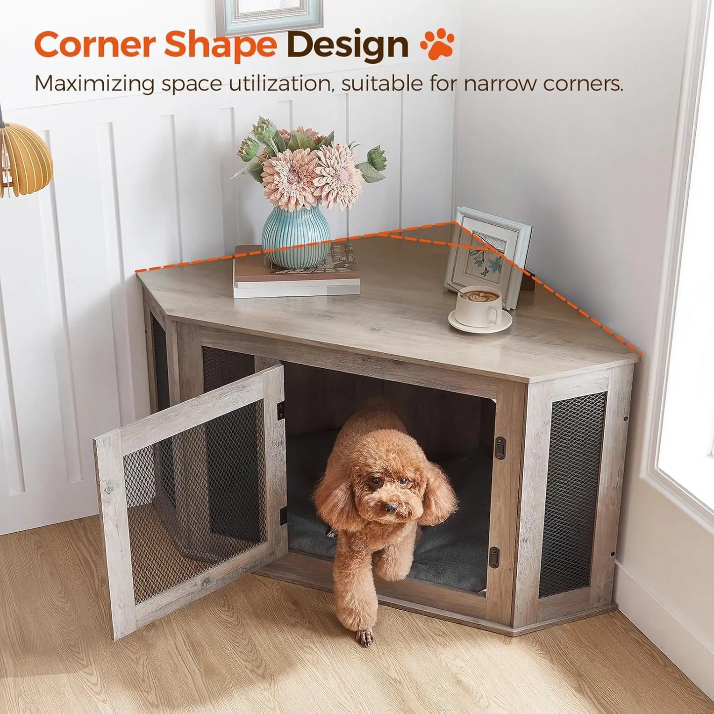 Corner Dog Crate Furniture, Wooden Kennel End Table for Small Medium Dogs, Decorative Pet Cage Indoor Use, Greige Black