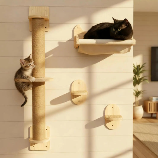 4-in-1 Cat Wall Shelves with Hammock, Scratching Post & Perch – Supports up to 25 lbs for Windows and Walls