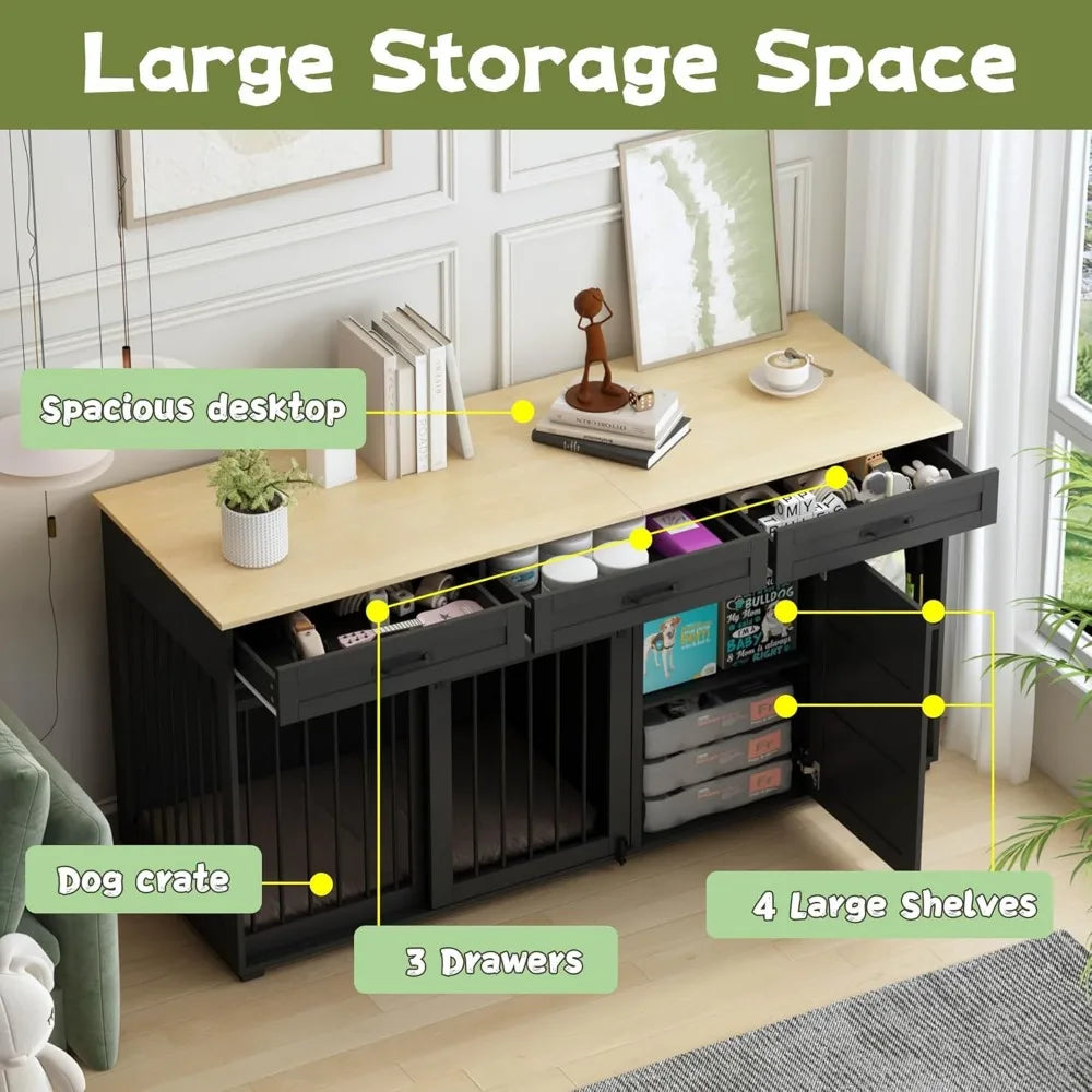 dog crate funiture with storage, 72.4" wooden heavy duty dog kennel table furniture with drawers & shelves, indoor dog house tv
