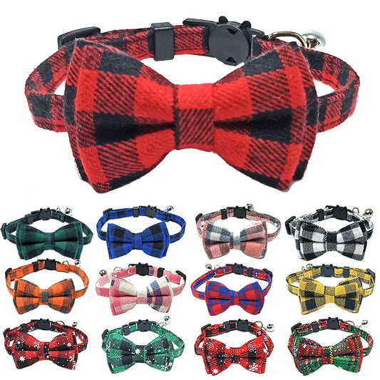 Pet Breakaway Cat Collar Bow Tie and Bell Cute Plaid Christmas Red Elastic Adjustable Collar With Sash Small Bell For Cats