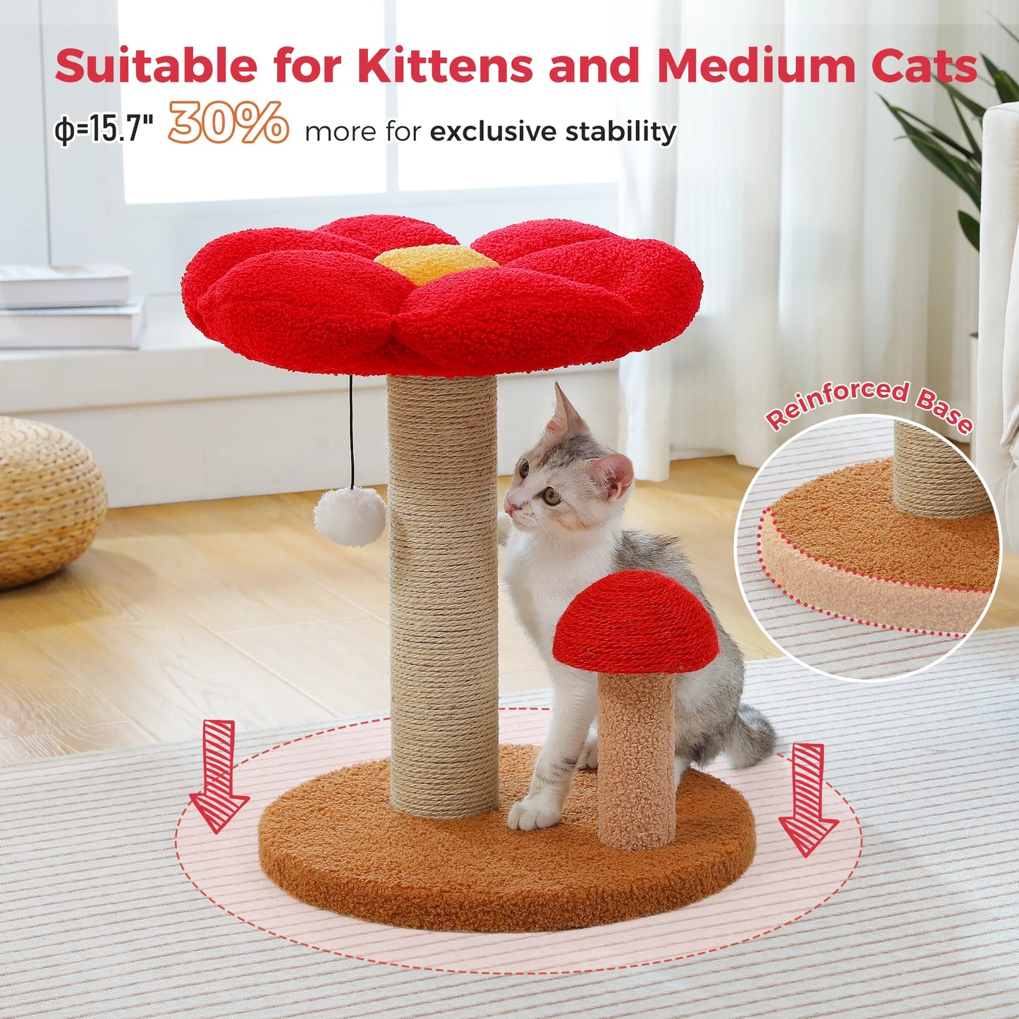 Small Cat Scratching Posts with Removable Flower Cat Bed Interactive Toy Ball Cute Mushroom Cat Scratcher for Indoor Cat Toys