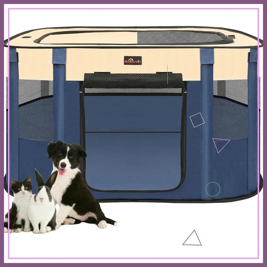 Foldable Dog Playpen Portable Pet Cage for Small Animals Indoor Outdoor Travel Camping Use with Carrying Case Blue