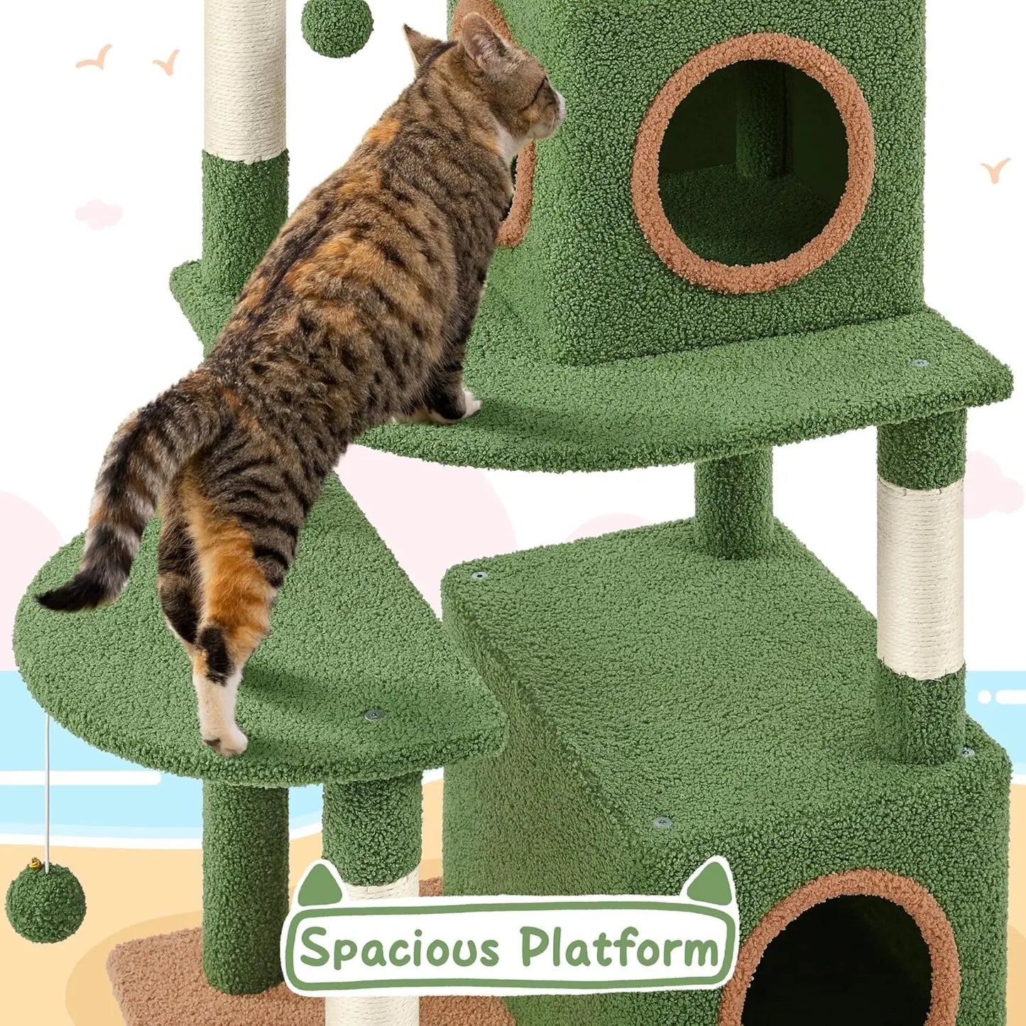 59in Cat Tree, Palm Leaf Cat Tower for Indoor Cats with Green Leaves, Cat Climbing Frame with Fluffy Balls Natural, Customized