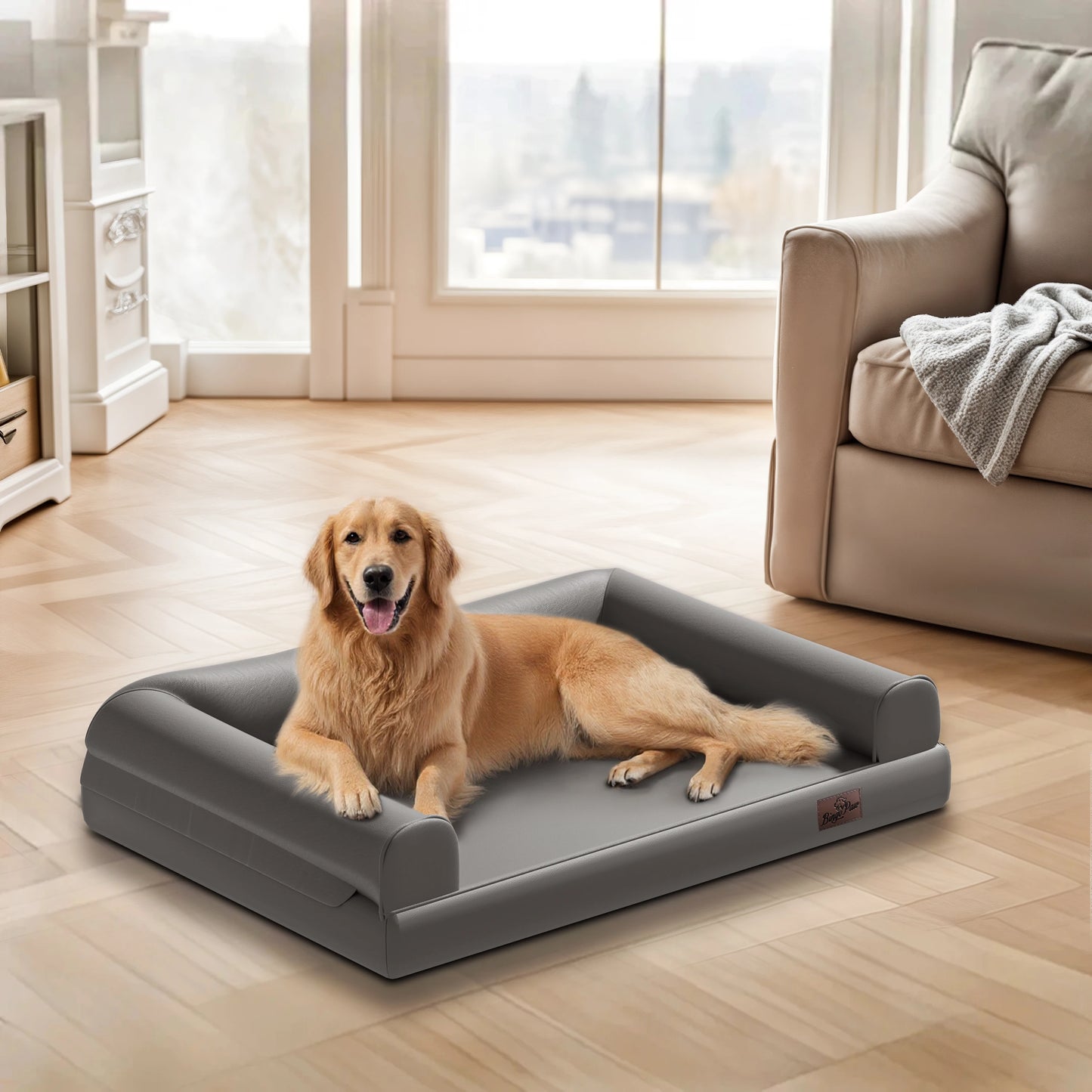 Extra Large Orthopedic Dog Bed Bolster Microfiber Leather Pet Dog Sofa Waterproof Couch Calming Bed with Removable Cover