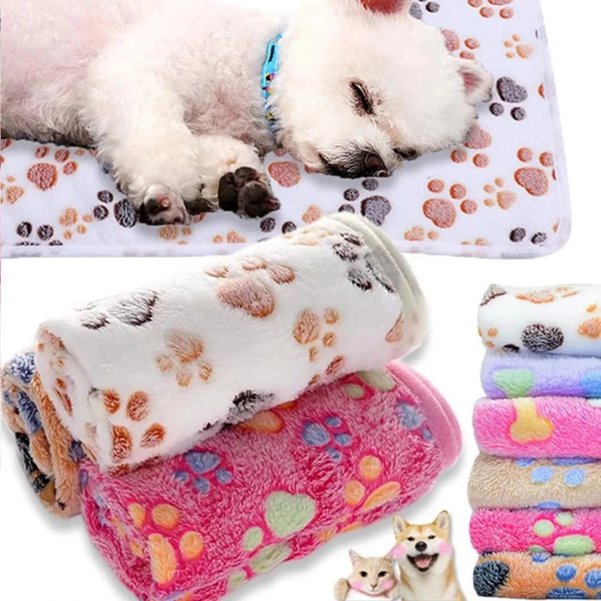 Multicolor Soft Fluffy Pet Blanket with Cute Dog Paw Print High Quality Warm Comfortable Mat for Cats And Dogs