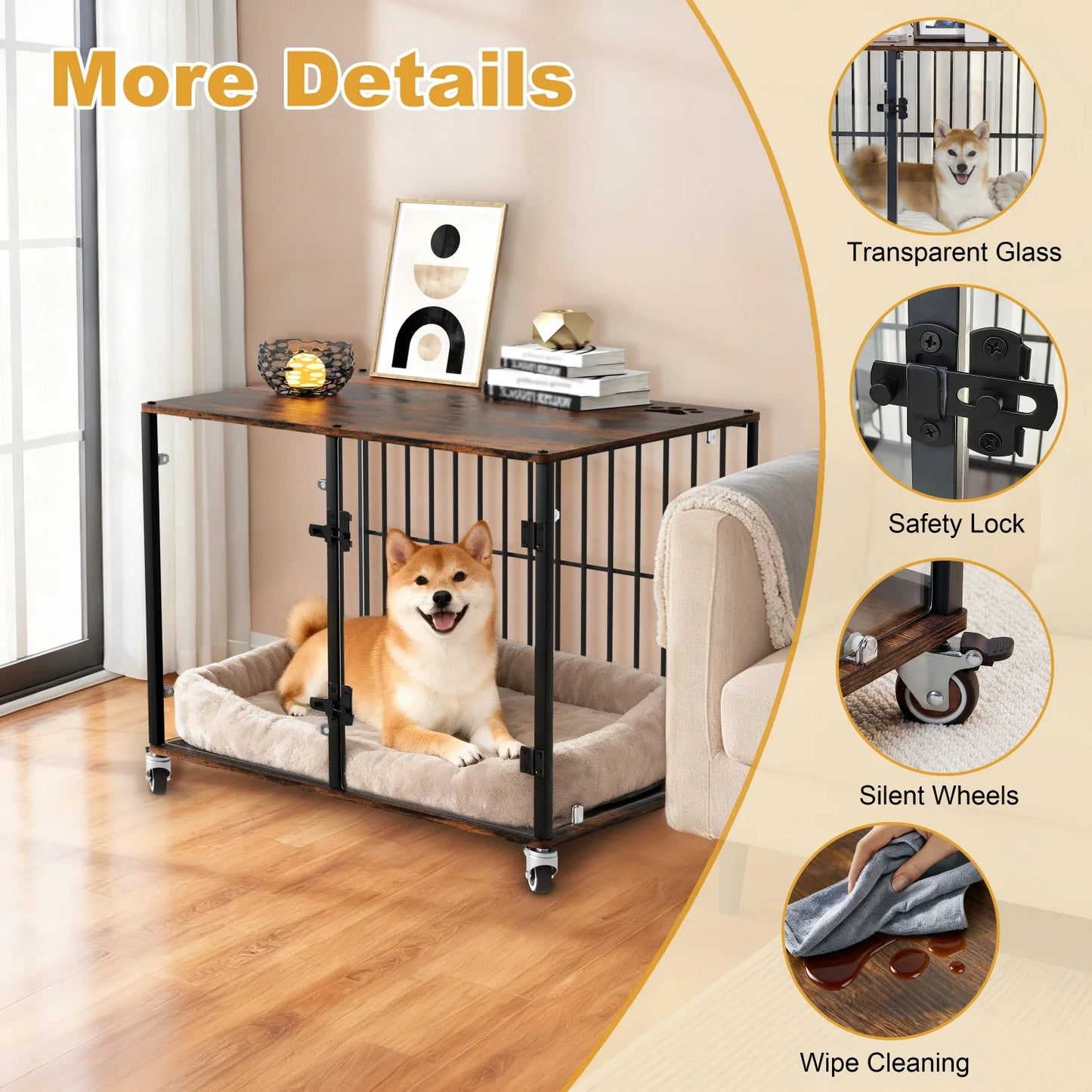 Furniture Style Tempered Glass Dog Crate Cage Pet Kennel End Table Rolling Wheels, Ventilated Bars, for Samll and Medium Dogs