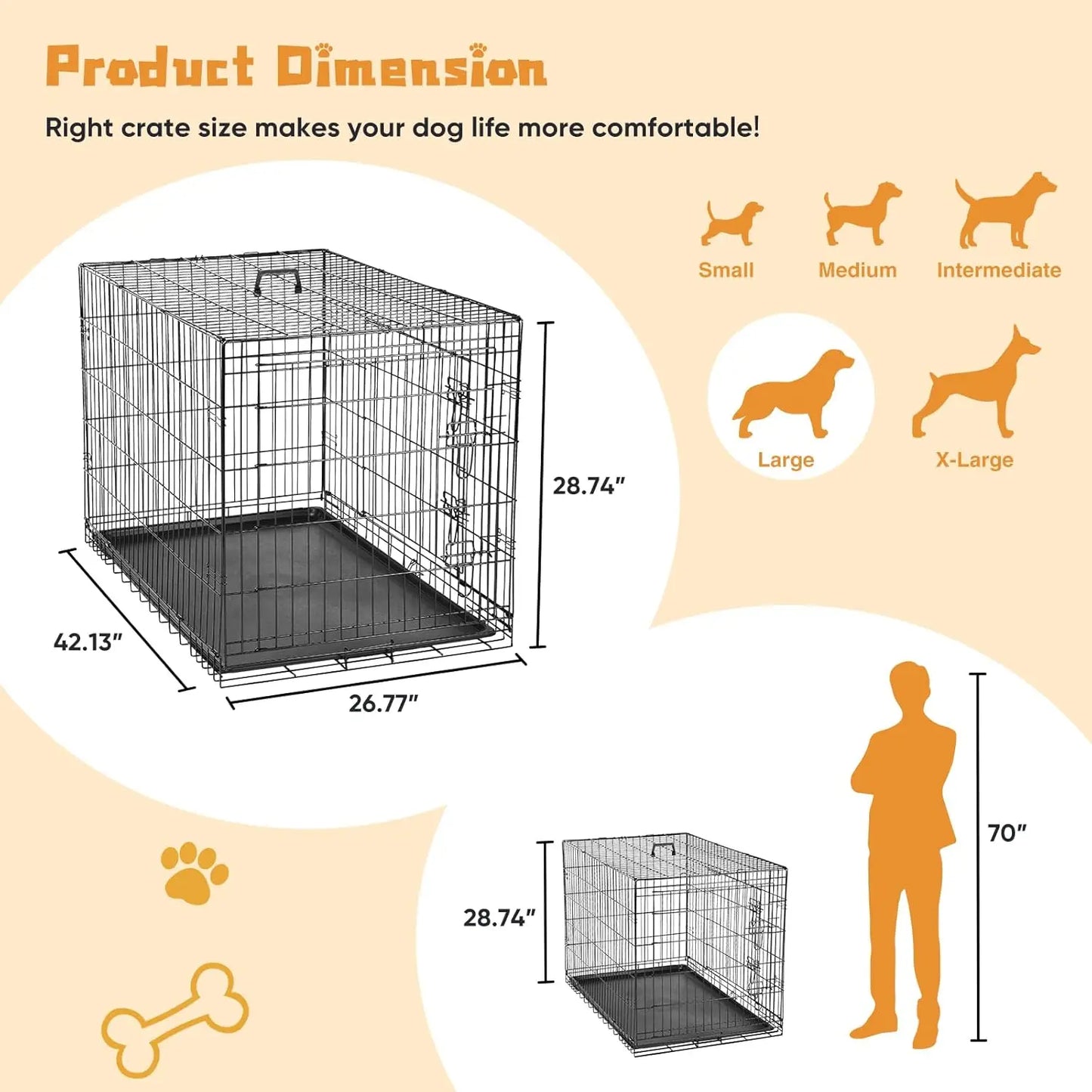 42 Inch Large Double Door Dog Cage with Leak-Proof Tray, Folding Metal Wire Pet Kennel for Indoor Outdoor Travel