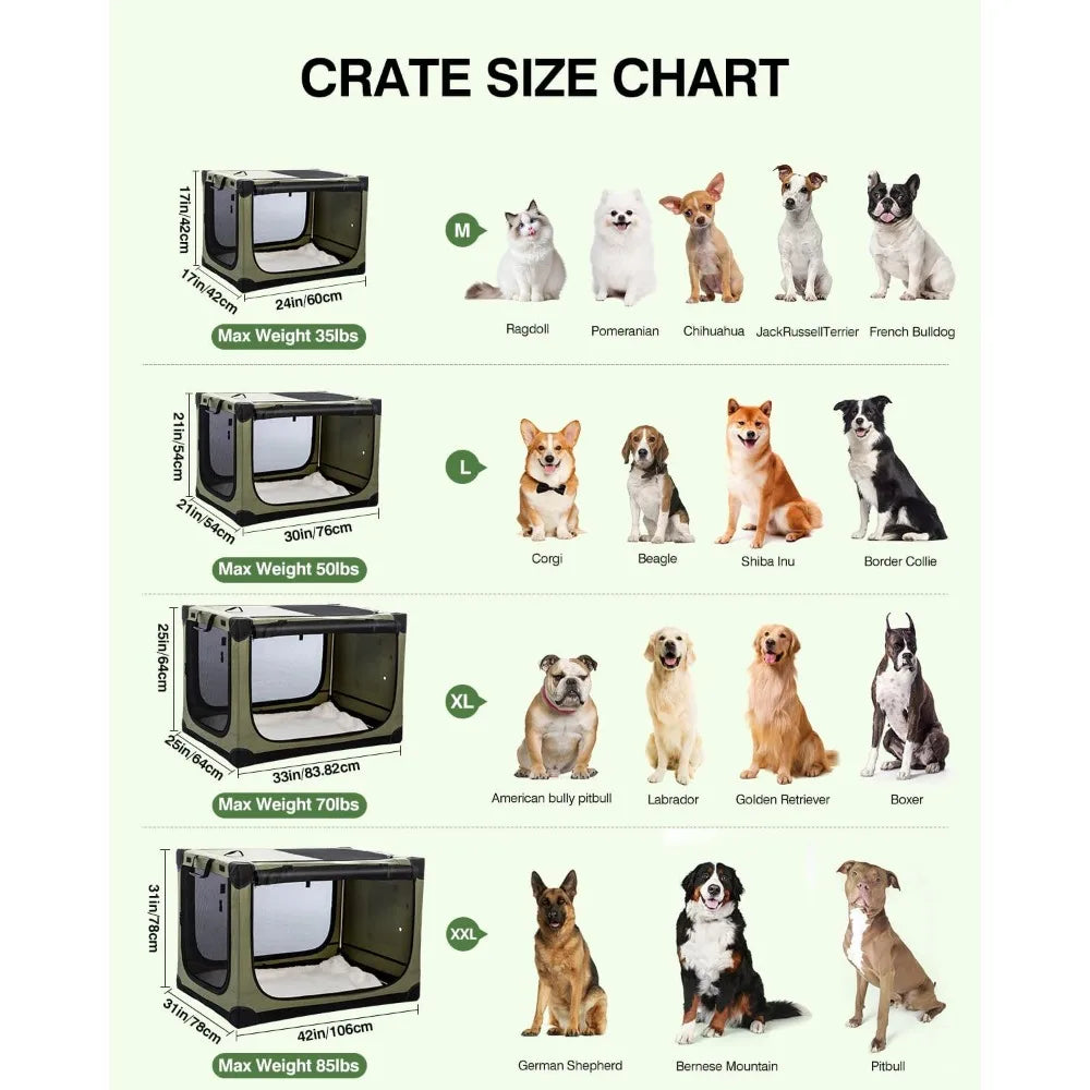 30 Inch Foldable Dog Crate for Medium Large Dogs, Portable Soft Kennel with Mesh Windows and Storage Bag, Green