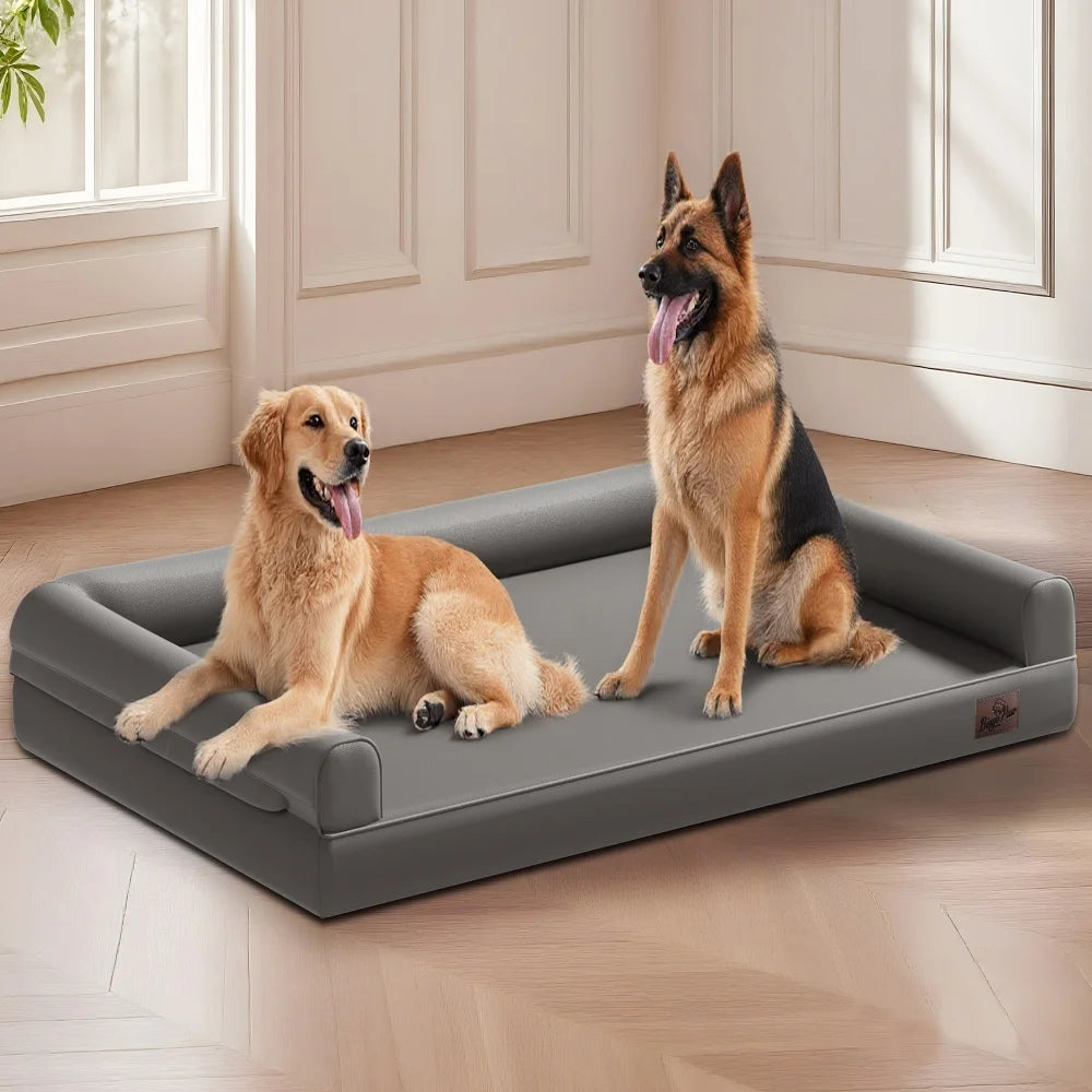 Extra Large Orthopedic Dog Bed Bolster Microfiber Leather Pet Dog Sofa Waterproof Couch Calming Bed with Removable Cover