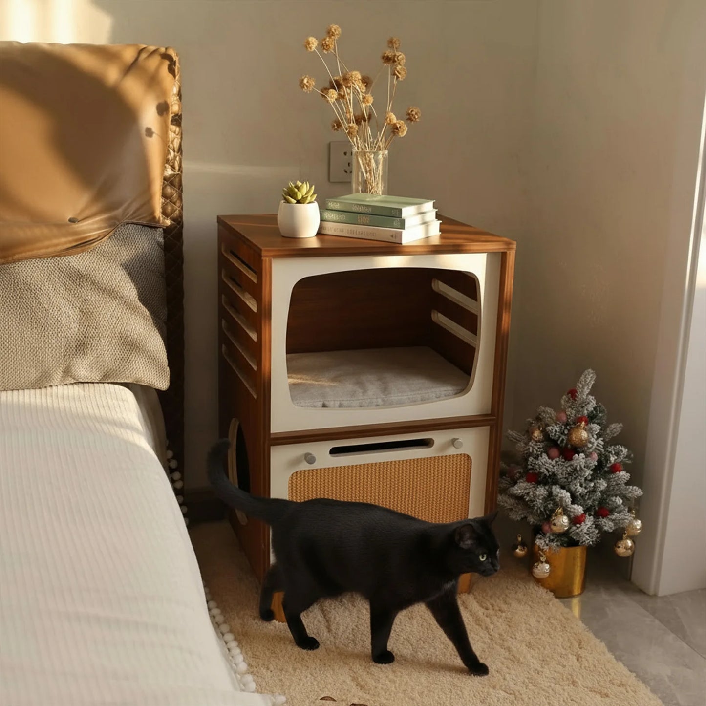 Retro TV-Style Wooden Cat House with Scratching Board Wood Bedside Table 2-In-1 2-Tier Cat Activity Center Gift for Pets