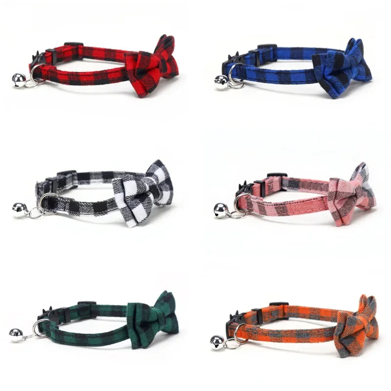 Pet Breakaway Cat Collar Bow Tie and Bell Cute Plaid Christmas Red Elastic Adjustable Collar With Sash Small Bell For Cats