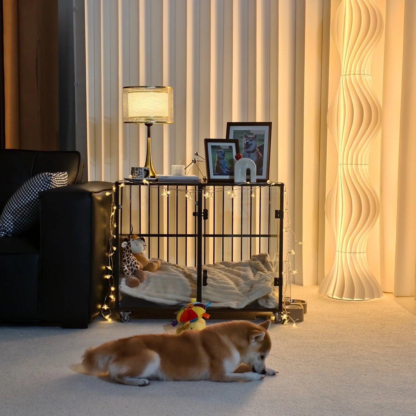 Furniture Style Tempered Glass Dog Crate Cage Pet Kennel End Table Rolling Wheels, Ventilated Bars, for Samll and Medium Dogs