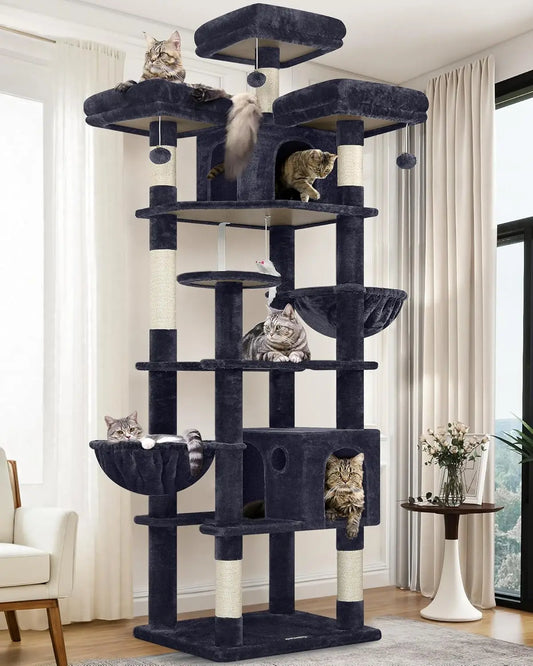 82-Inch Tall Cat Tree Tower for Multiple Adult Cats with Scratching Posts, Perches, Condos and Hanging Baskets, Dark Grey