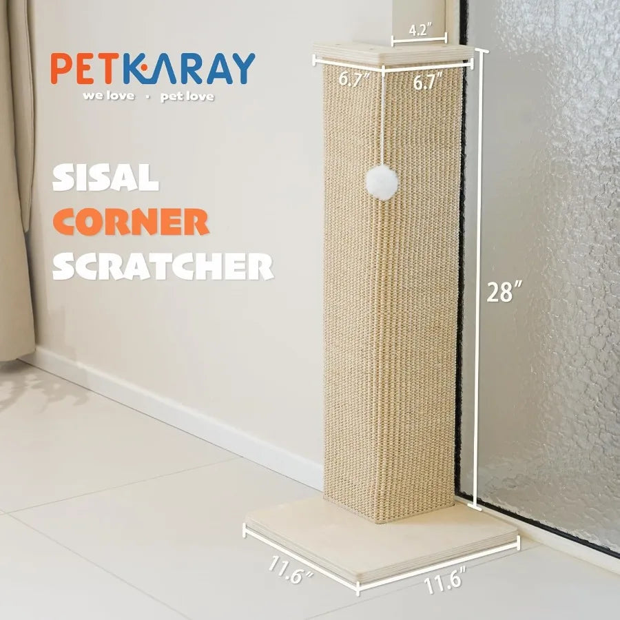 28'' Corner Cat Scratcher for Sofa and Wall Furniture Protection with Sisal Scratch Pad and Toy Ball Ideal Indoor Cat Scratchin