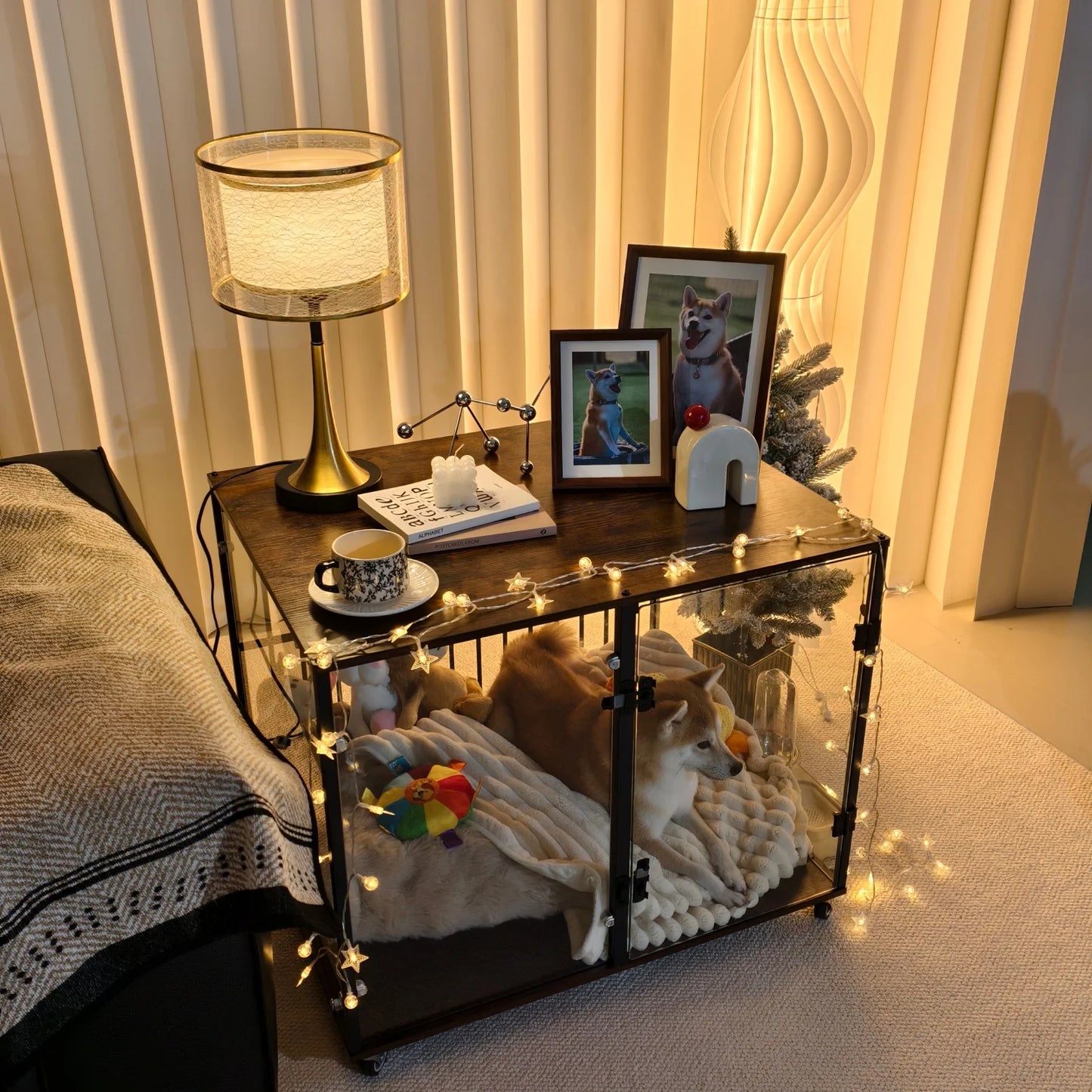 Furniture Style Tempered Glass Dog Crate Cage Pet Kennel End Table Rolling Wheels, Ventilated Bars, for Samll and Medium Dogs