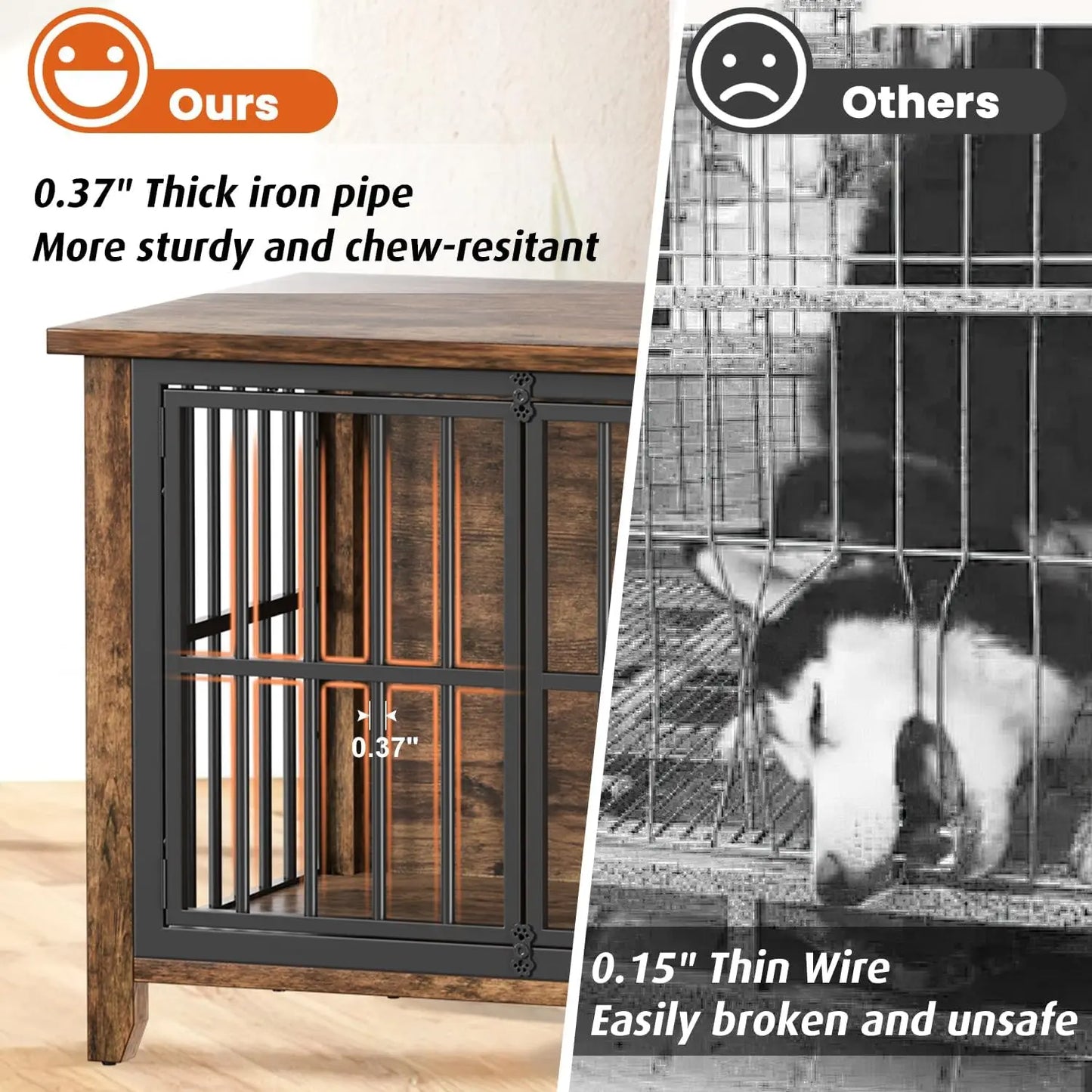 Dog Crate Furniture, 31.5" Wooden Dog Kennel Indoor with 360° Rotating & Adjustable Height Feeder 2 Bowls, Heavy Duty Side