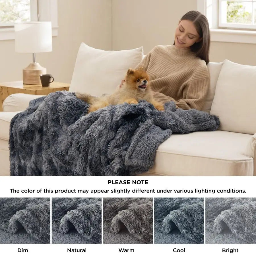Waterproof Dog Blankets for Large Dogs Cat Blanket for Bed Couch Protector Washable Long Faux Fur, Calming Soft Reversible Throw