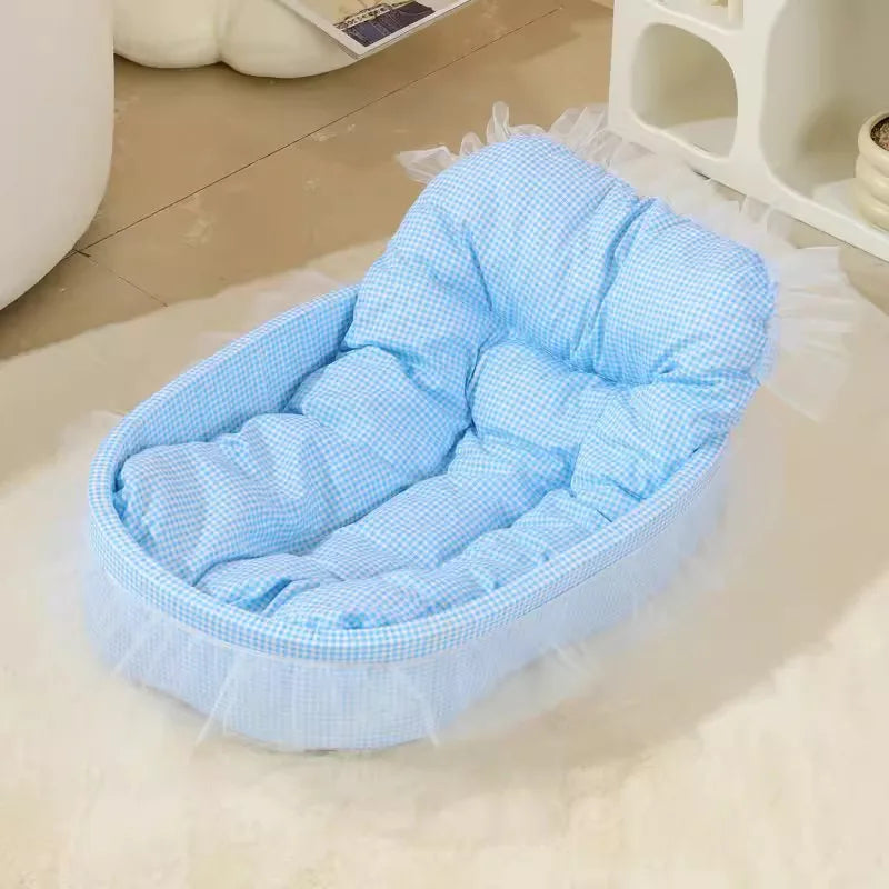 1set Cute Lace-Trimmed Pet Princess Bed For Winter - Soft Polyester Plush Oval for Small Dogs/Cats, Easy Assembly Indoor Use