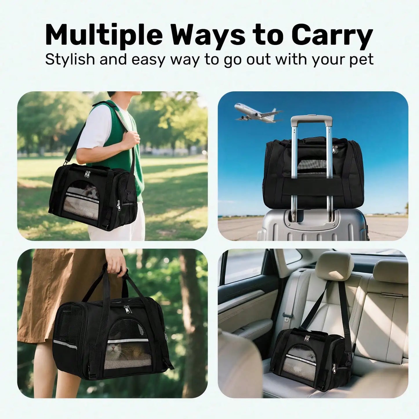 Breathable Pet Carrier Bag Airline Approved Foldable Pet Travel Carrier Secure Anti Escape Zipper Ventilated Spacious Collapsible Cat Dog Carrier Handbag With Shoulder Strap For Small Puppy Kitten Outdoor Car Travel