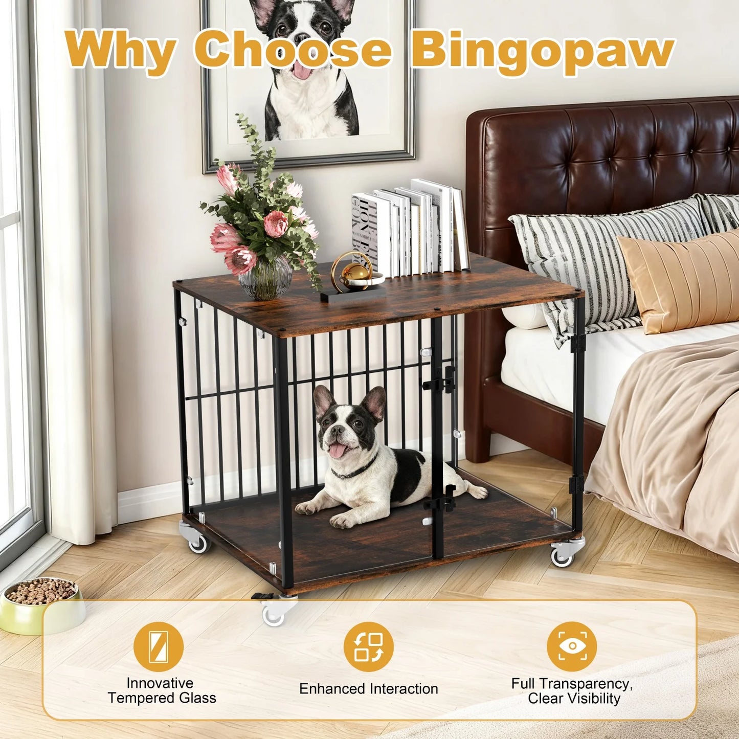 Furniture Style Tempered Glass Dog Crate Cage Pet Kennel End Table Rolling Wheels, Ventilated Bars, for Samll and Medium Dogs