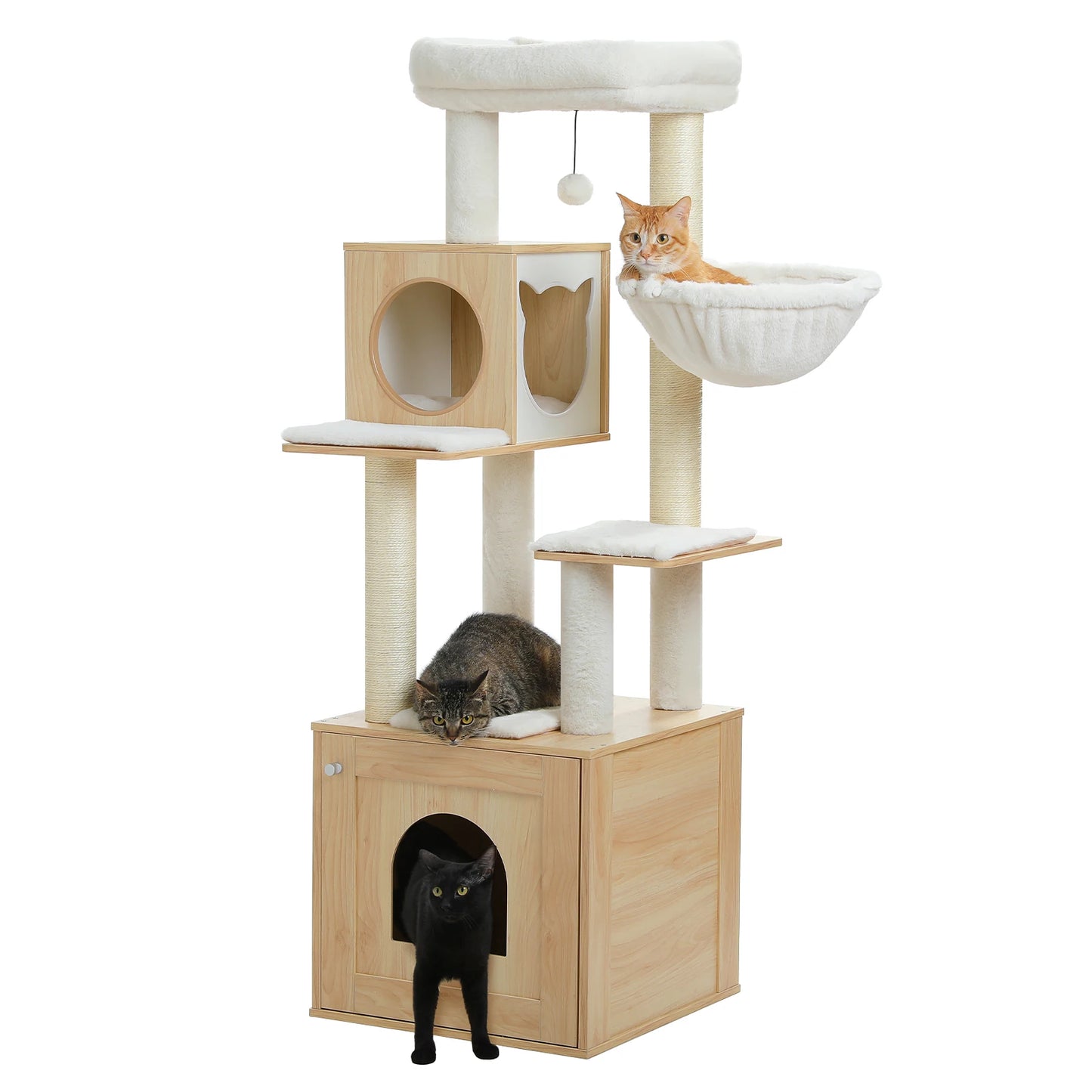 Wood Cat Tree with Storage Cabinet Sisal Scratching Posts Cozy Condo Hammock Dangling Balls Large Cat Tower for Indoor Cat Toys