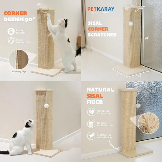28'' Corner Cat Scratcher for Sofa and Wall Furniture Protection with Sisal Scratch Pad and Toy Ball Ideal Indoor Cat Scratchin