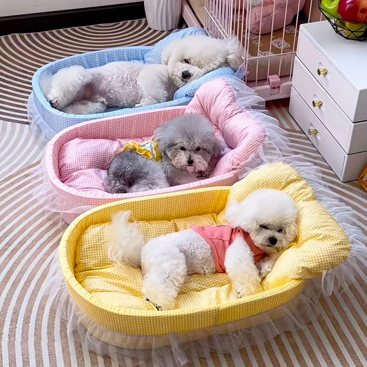 1set Cute Lace-Trimmed Pet Princess Bed For Winter - Soft Polyester Plush Oval for Small Dogs/Cats, Easy Assembly Indoor Use