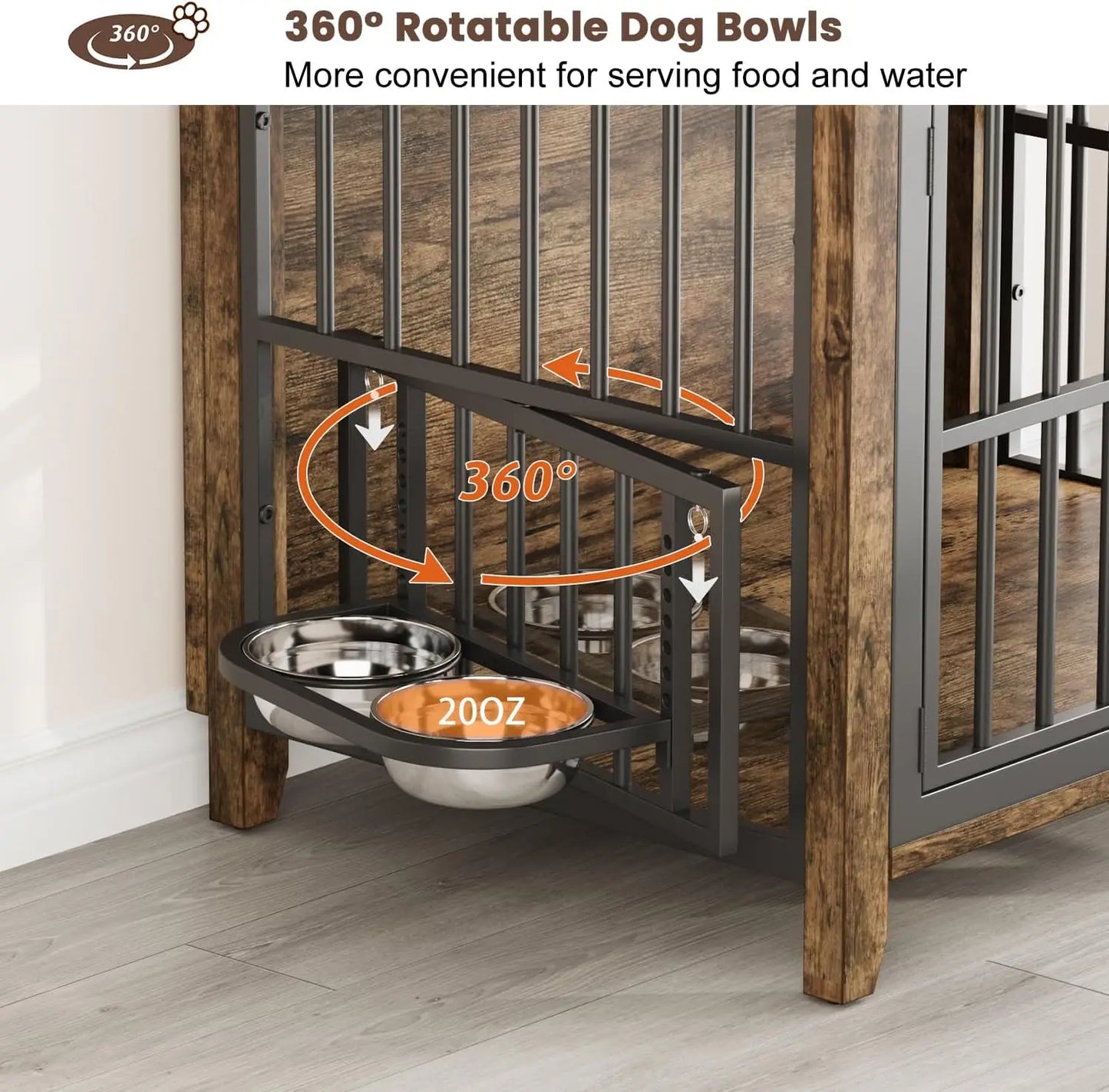 Dog Crate Furniture, 31.5" Wooden Dog Kennel Indoor with 360° Rotating & Adjustable Height Feeder 2 Bowls, Heavy Duty Side