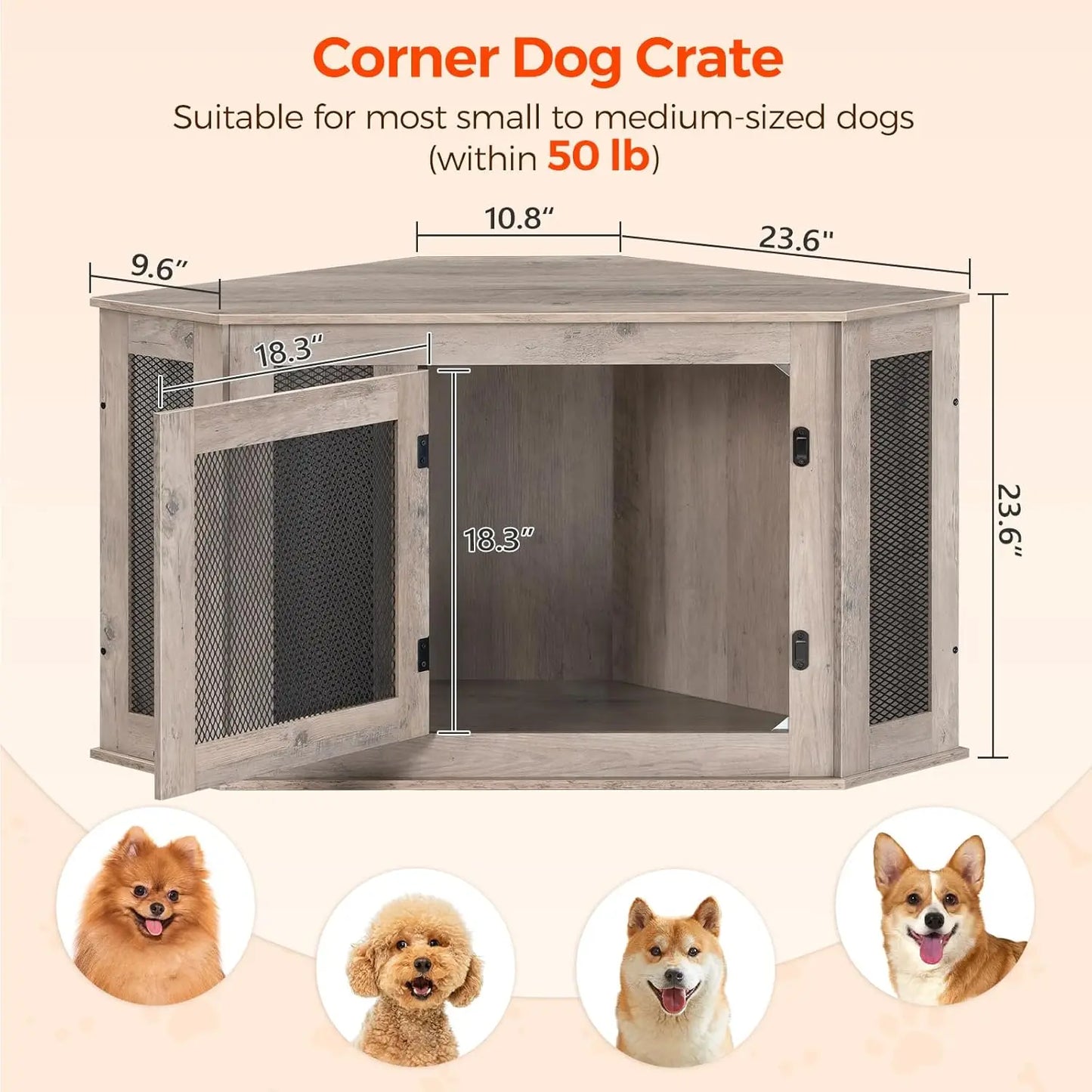 Corner Dog Crate Furniture, Wooden Kennel End Table for Small Medium Dogs, Decorative Pet Cage Indoor Use, Greige Black