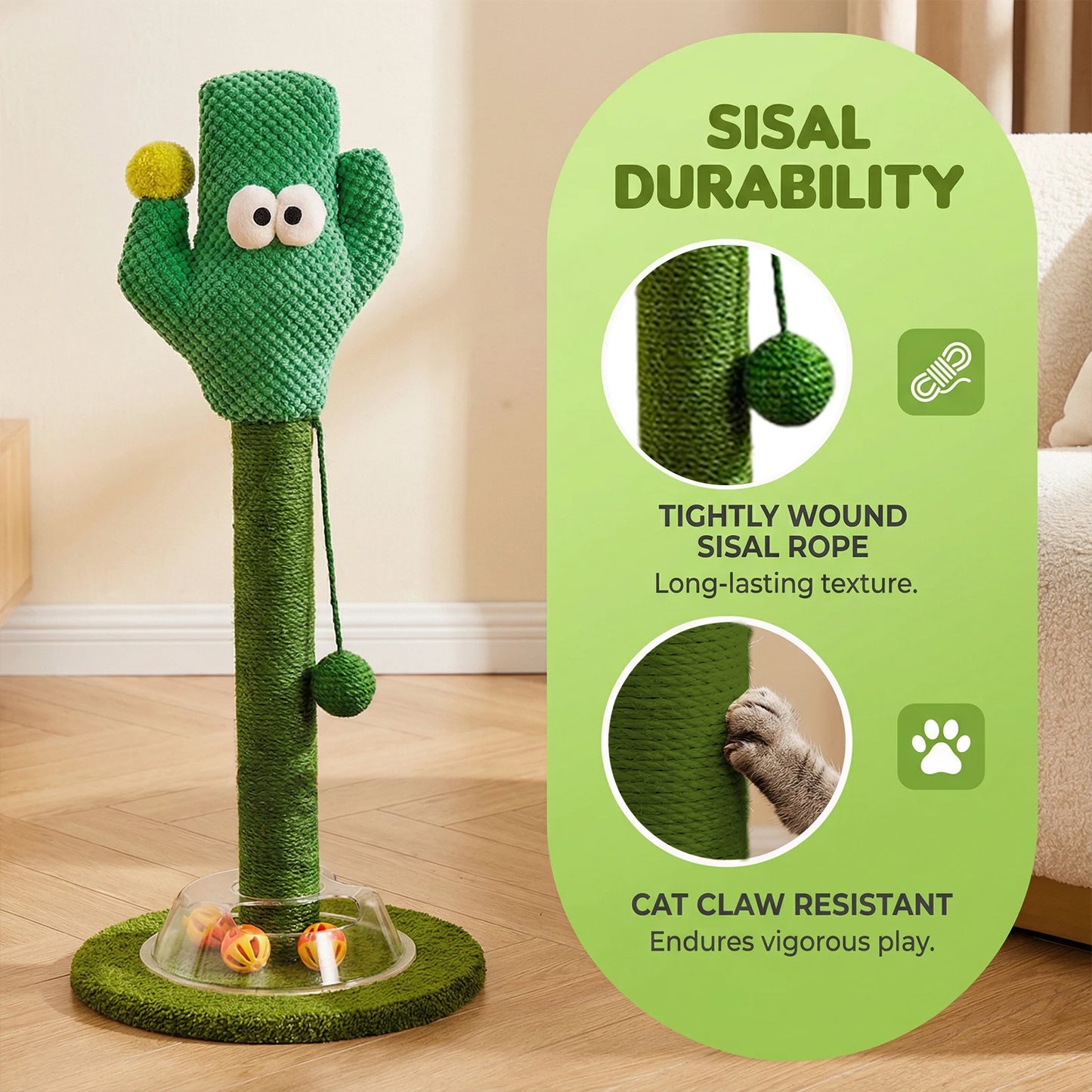 Cat Scratch Post with Interactive Hanging Ball Natural Sisal Rope Cat Scratching Posts for Indoor Protect Furniture