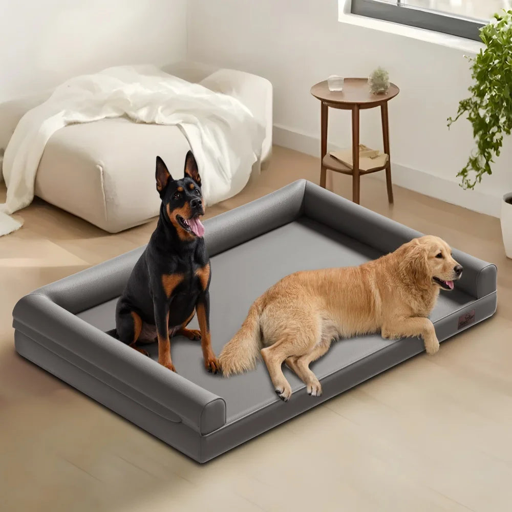 Extra Large Orthopedic Dog Bed Bolster Microfiber Leather Pet Dog Sofa Waterproof Couch Calming Bed with Removable Cover