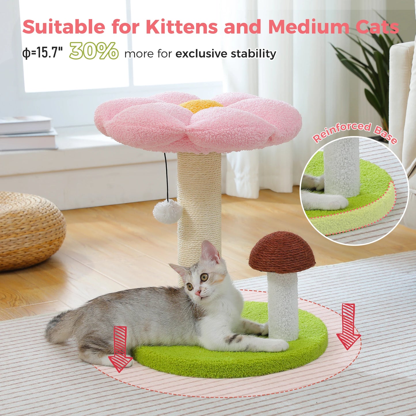 Small Cat Scratching Posts with Removable Flower Cat Bed Interactive Toy Ball Cute Mushroom Cat Scratcher for Indoor Cat Toys