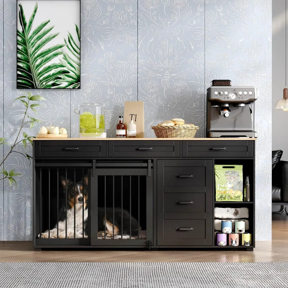 dog crate funiture with storage, 72.4" wooden heavy duty dog kennel table furniture with drawers & shelves, indoor dog house tv