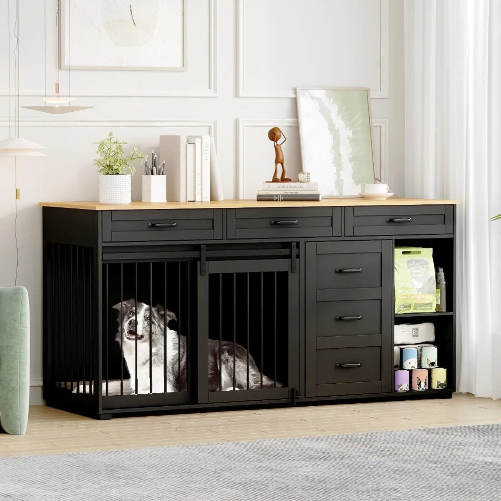 dog crate funiture with storage, 72.4" wooden heavy duty dog kennel table furniture with drawers & shelves, indoor dog house tv