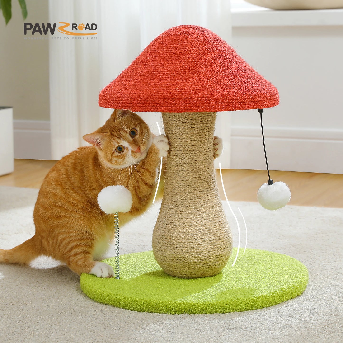 Mushroom Cat Scratching Post, Cat Scratcher Cute with 100% Sisal Covered Scratching Post & Pompoms Cat Toy, Mushroom Cat Post